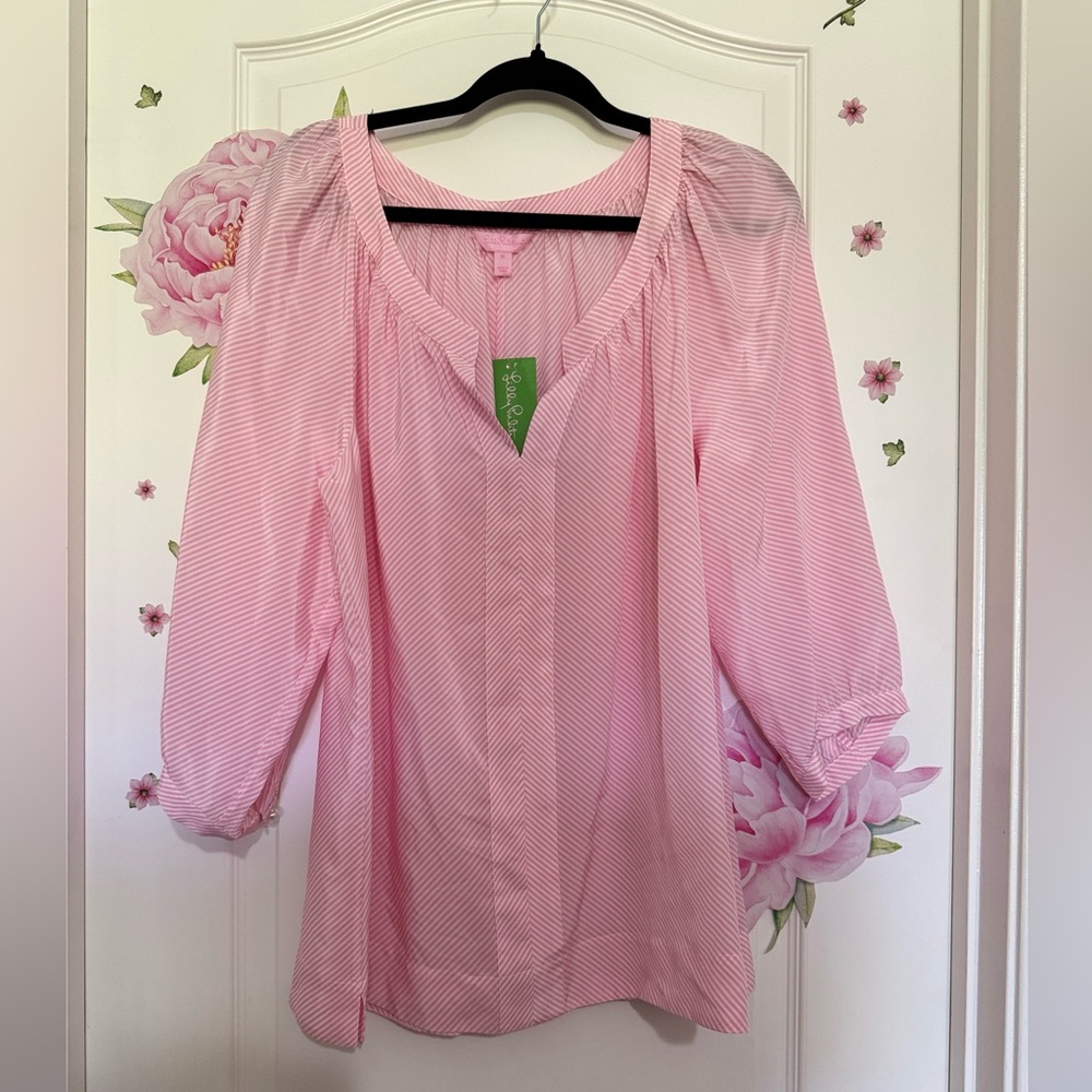 Lilly Pulitzer Silk Pink Puff Sleeve Blouse XL - Picture 1 of 10